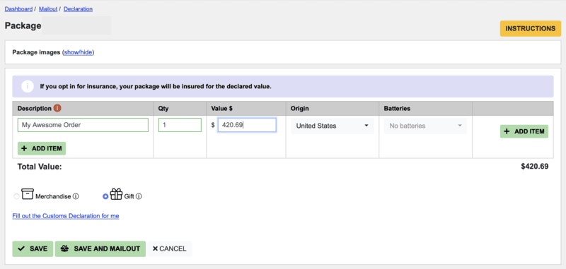 Customs declaration screen